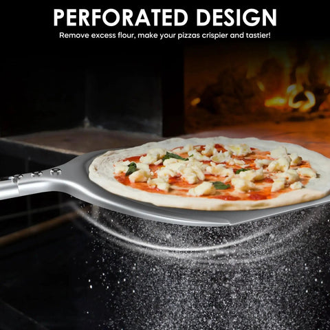 12 Inch Aluminum Perforated Pizza Peel With Lightweight Slotted Design, Nonstick Surface, hanging hook used in pizza oven, rust resistant metal, easy turn for home kitchen or outdoor pizza ovens, removes flour, prevents dough sticking, perfect pizza tool.