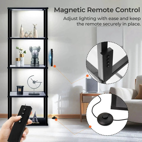 Display Shelf Floor Lamp With Dimmable LED Three Color Temperatures Glass Curio Cabinet Shelves Remote Control