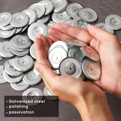 1.5 inch galvanized steel plaster washers, round flat discs in a pile