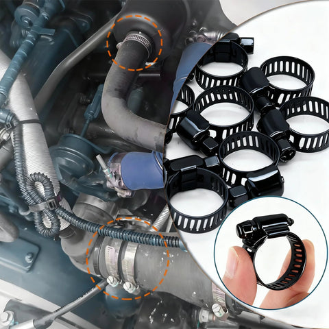 32-piece set of black stainless steel worm-gear hose clamps, sizes 1/4–2 in (6–51 mm), automotive and marine use