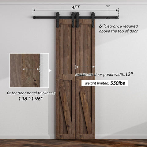 Four Foot Sliding Barn Door Hardware Kit For Double Doors installed showing carbon steel track, fits 1.18-1.96 inch doors, 330 lbs load.