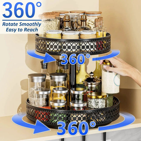 Two Tier Lazy Susan Organizer Turntable Spice Rack 12 Inch Adjustable Metal Rotating Handy Space Saving Storage for Cabinet Pantry