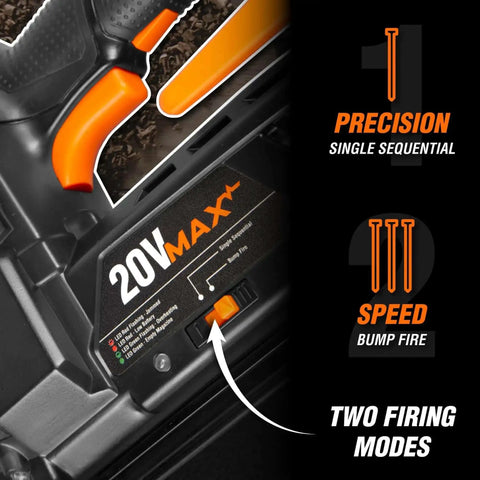 Cordless 20V Max 18 Gauge Brad Nailer With 2.0Ah Battery And Charger showing firing mode selection and orange accents
