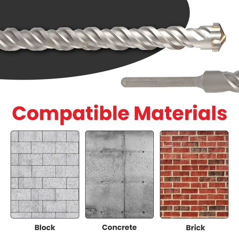 Close-up of Premium 8 Piece SDS Max Drill Bit Set For Concrete With Fourteen Inch Length, universal shank, compatible with block, concrete, brick.