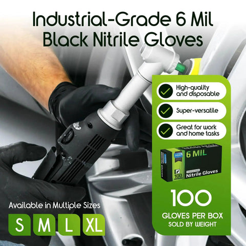 Person wearing Black Nitrile Gloves Heavy-Duty 6 Mil Chemical Resistant Disposable Cleaning while using a tool.