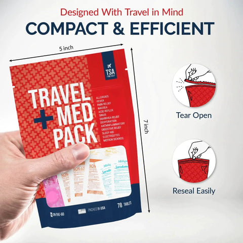 Grab And Go Travel Medicine Kit With 78 Piece TSA Friendly Medical Pack for flights displaying compact design, dimensions, and tearability.
