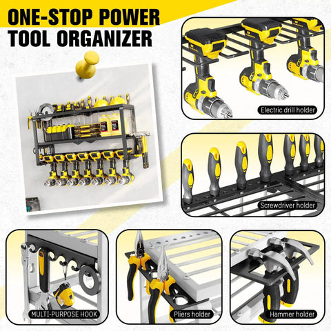 Heavy Duty Power Tool Organizer Wall Mount Rack With 300 LB Capacity, 3 Tier Garage Storage System, 7 Drill Holders For Tools