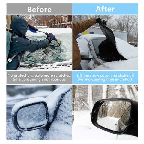 Before and after image showing use of Thickened All Weather Windshield Cover For Ice And Snow With Side Mirror Covers Waterproof Frost Shield For Cars SUVs And Vans Easy Install Outdoor Windshield Protector 75 By 47 Inches.
