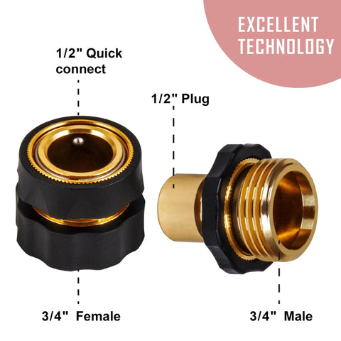 WOJET pressure washer adapter set, brass quick-connect adapters with black collars for 1/2" and 3/4" connections.