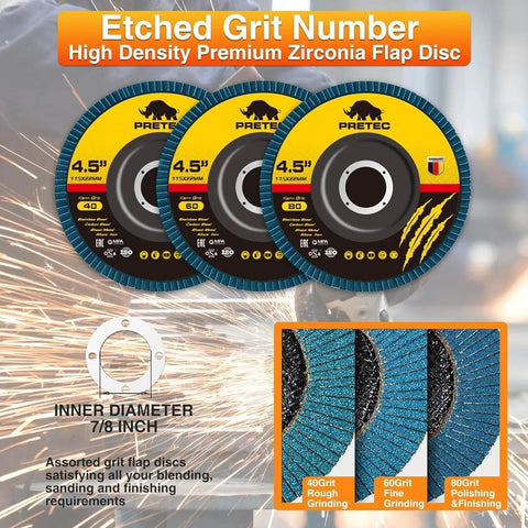 All In One Pro Grade 26 Piece Angle Grinder Disc Set With 20 4.5 Inch Cut Off Wheels, 3 Packs Of 4.5 X 7/8 Inch 60 Grit Flap Discs, And 3 Packs Of 4.5 X 1/25 X 7/8 Grinding Wheels For Metal, Wood And Stone with etched grit zirconia discs.