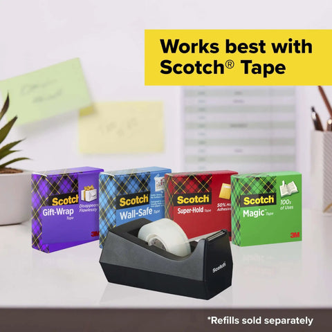 Desktop Tape Dispenser, Black Polystyrene, Weighted Base with Scotch tape rolls on desk