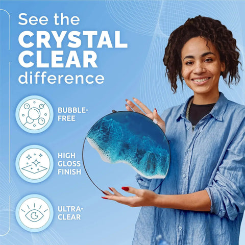 Person holding Crystal Clear Epoxy Resin Kit with circular art piece, highlighting bubble-free, high gloss finish, and ultra-clear qualities.