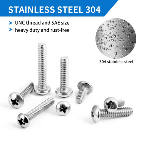 720 Piece Stainless Steel Machine Screw Kit With Case Including Phillips Pan Head Nuts Bolts And Flat Washers SAE Sizes 10 24 8 32 6 32 4 40 For Home DIY Projects featuring stainless steel screws with UNC thread.