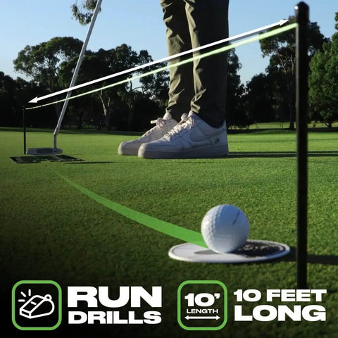 Pro Grade Triple Bead Golf Putting Alignment String Line Neon Green Visual Guide Putter Alignment Tool on a golf green