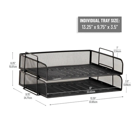 Stackable Paper Tray Desk Organizer Set Of 2 With Metal Mesh File Storage For Office Black Ready To Use No Assembly Required