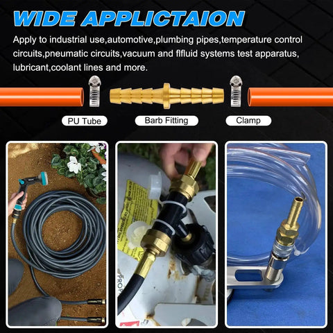 Brass Hose Barb Fittings Kit For Air Water And Fuel Lines KOOTANS showing installation examples with PU tube, barb fitting, and clamp.
