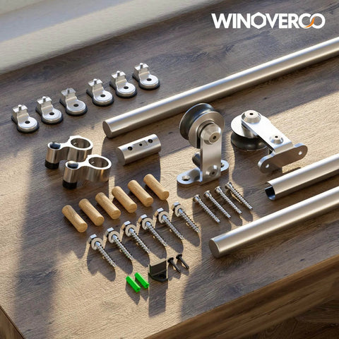 66 Inch Top Mount Sliding Barn Door Hardware Kit In Stainless Steel, Heavy Duty And Quiet with accessories visible on table