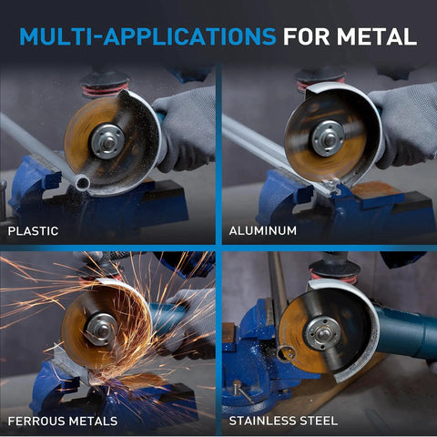 Multi-application uses of 25 Pack 3 Inch Cut Off Wheels For Metal And Stainless Steel, cutting plastic, aluminum, ferrous metals, and stainless steel.