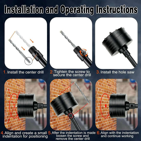 Installation and operating instructions for Two And A Half Inch Concrete Hole Saw Kit With SDS Plus Shank Includes Two Center Bits For Concrete Brick And Stone Electroplated Black Quenching Tech Heavy Duty Thickened Alloy Teeth For Faster Cuts And Longer Life Perfect For Pros And DIY Enthusiasts.