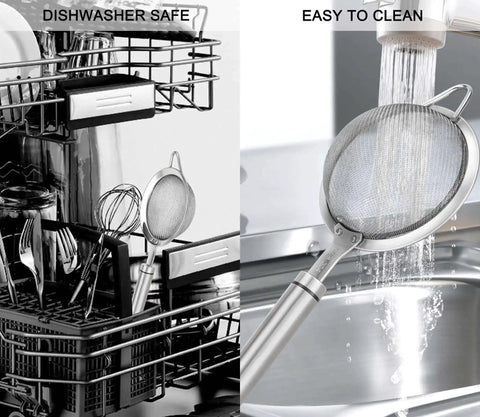 304 Stainless Steel Fine Mesh Strainer With Handle Skimmer for kitchen showing dishwasher safe and easy to clean features
