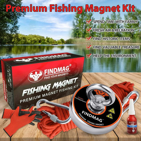 Neodymium Fishing Magnets Kit With 500 Lb Pull For River Magnet Fishing, showing magnet, rope, gloves, and threadlocker on a dock.