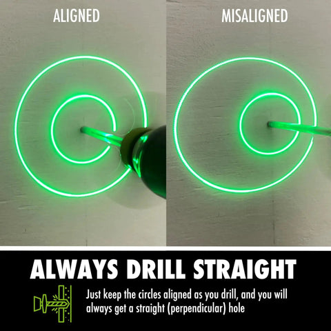 Image showing Magnetic Drill Guide With Green Laser Alignment And Three Bright Patterns For Perpendicular Drilling in use.