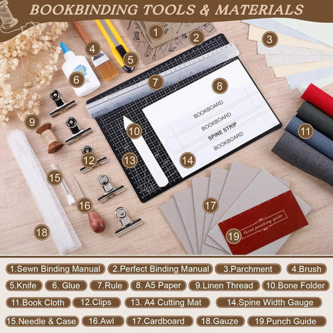 All In One 145Pcs Book Binding Kit For Beginners With A5 Paper And Tools Like Needles, Thread, Awl, Gauze, Book Cloth, Cardboard