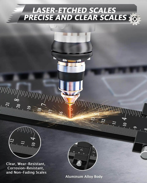 Close-up of aluminum cabinet hardware jig with center punch, adjustable drill guide template for drawer knobs, handles, and pulls.