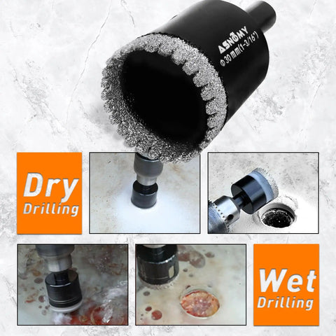 Close-up of 10 Piece Serrated Diamond Hole Saw Set One Quarter Inch To Two Inch Core Drill Bits For Porcelain Tile Glass Ceramic Stone Granite Marble With EVA Guide Jig And Tough Hardened Steel Body, demonstrating dry and wet drilling.