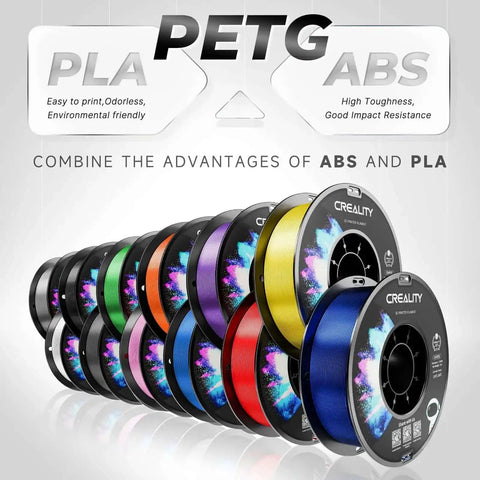 Multiple spools of multicolor Creality PETG filament showcasing versatility for 3D printing with eco-friendly, tough, warp-resistant features.