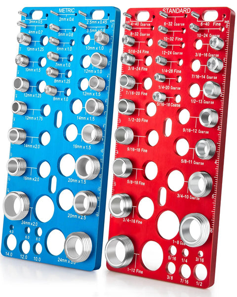 All In One Nut And Bolt Thread Checker Kit With 62 Pieces, 25 Standard And 25 Metric Thread Gauges, 12 Drill Bit Gauges, Wall Mount Bolt Size Finder For Fasteners And Drill Bits displayed showing blue and red gauge panels.