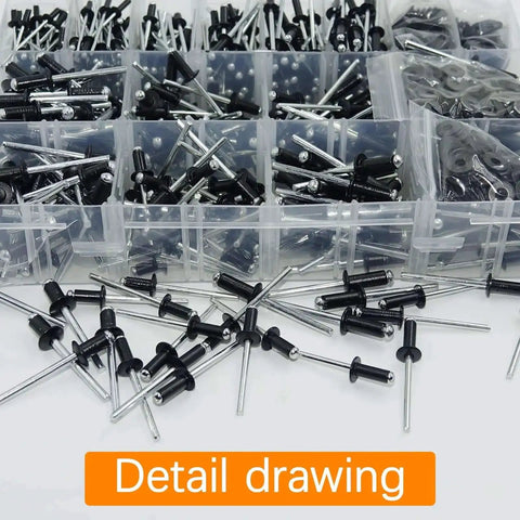Go-To 900 Pcs Black Pop Rivets Assortment Kit with Washers in storage box detail view, various sizes for metal and automotive projects