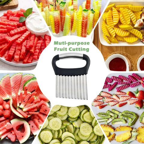 Big Crinkle Cutter For Veggies And Fries With Easy Grip Handle That Feels Like A Pro, surrounded by sliced fruits and vegetables