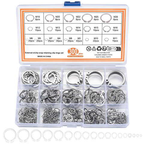 300 Piece Retaining Ring Set With Internal And External Snap Rings In Stainless Steel Circlip Retention Rings 18 Size Assortment For Grooved Shafts Pins And Studs Durable Rust Resistant And Easy To Use in box