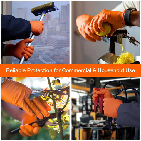 Orange Nitrile Disposable Gloves With Raised Diamond Grip Mechanic 100 Count used for various tasks including cleaning and gardening.