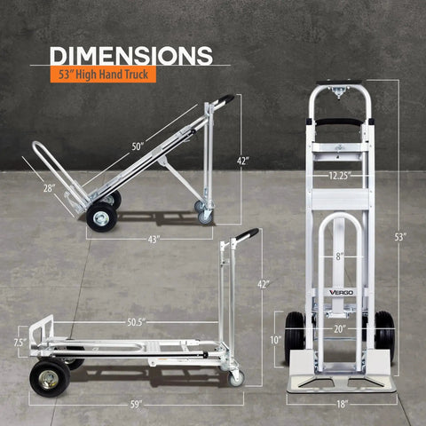 Convertible Hand Truck 3 In 1 Dolly With Extendable Loop Beveled Nose Plate And Ergonomic Handle Heavy Duty Aluminum Frame 750 Lb Capacity 53 Inch High Versatile Moving Dolly Converts Between 2 Wheel 4 Wheel Platform Cart In Three Positions, showing dimensions.