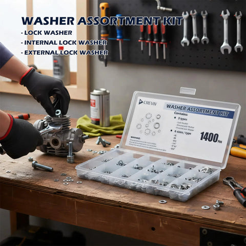 Washer assortment kit in a clear plastic case, 1400 pcs of carbon steel zinc-plated lock washers.
