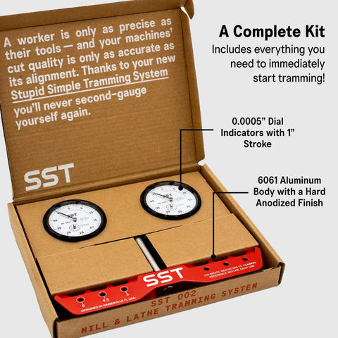 Custom Fit Mill And Lathe Tramming System For Fast No Fuss Alignment And Square Calibration With 0.0005 Inch Dial Indicators Tram And Align Tools To Fix Angular Misalignment Built Tough In The United States For Precise Powerful Machining in box with dial indicators and aluminum body