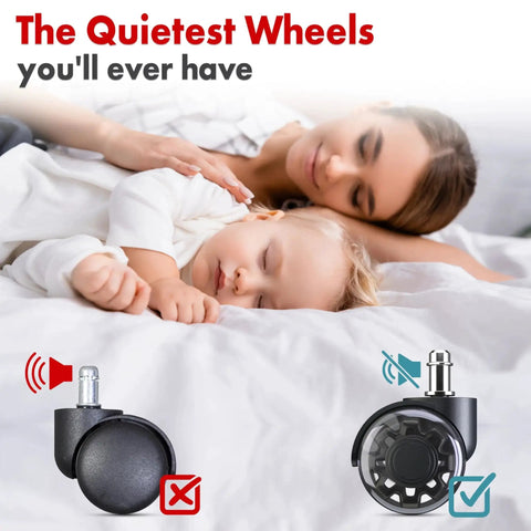 Replacement Chair Wheels Set Of 5 Dual 2 Inch Soft Casters For Hardwood Floors shown with mother and baby sleeping