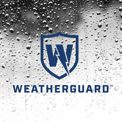 WeatherGuard logo with blue shield and lightning bolt on water drop background
