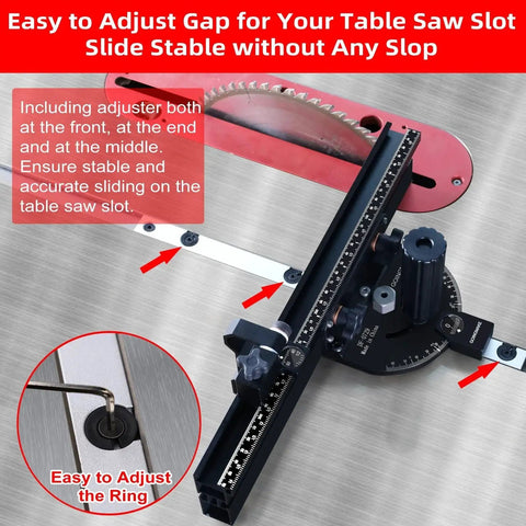 Compact Table Saw Miter Gauge With 360mm Fence And Multifunction Flip Stop For Accurate Woodworking Crosscuts And Angles With 11 Positive Stops Ideal For Repetitive Home Workshop Cuts Fits Three Quarters By Three Eighths Slot, shown installed on a saw table with red and black components.