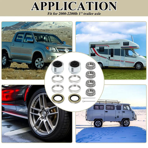 Heavy Duty Trailer Bearing Kit For 2000 To 2200 Pound 1 Inch Axles EZ Lubed Built Tough With L44643 And L44610 Bearings Two Pack 12192TB Seals 1.98 Inch Dust Caps And Cotter Pins showcased with vehicles.