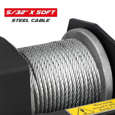 Close-up of 5/32 inch steel cable on 2500Lb 12V Electric Winch With Waterproof Steel Cable, Wired Remote Control And Mounting Plate For ATV UTV Towing