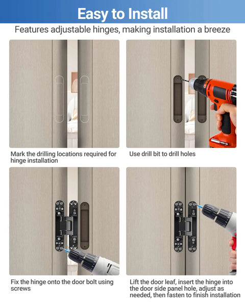 Upgraded Invisible Door Hinges 2 Pack Black 6 Inch Concealed Hidden Hinges For Doors With 3 Way Adjustable And 180 Degree Swing Copper Support Heavy Duty 88 Lb Load Bearing installation guide