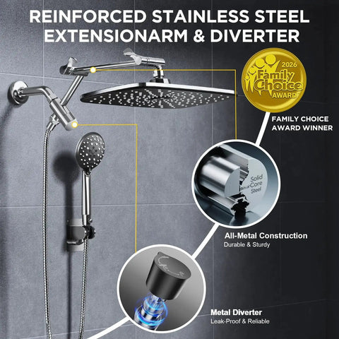 11.8 Inch Rain Shower Head With Handheld And Detachable Dual Showerhead Chrome installed with stainless steel extension arm