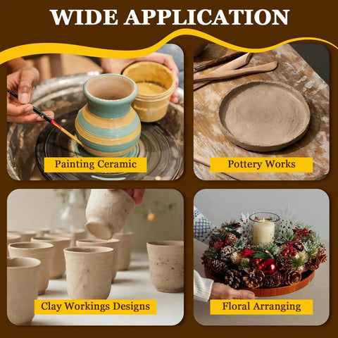 Four images showing pottery crafting and floral arranging using a 12 Inch Cast Iron Pottery Sculpting Wheel With Ball Bearings Turntable.