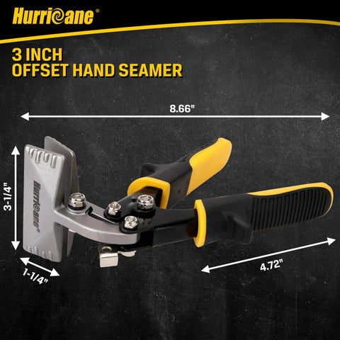 3 Inch Offset Hand Seamer For Sheet Metal Bending And Shaping In Roofing Siding HVAC And Metalwork Projects With A Straight Jaw For Precise Folds Better Control And Safer Hands Pro Grade Heavy Duty Tool by Hurricane with 8.66-inch handle and 3.25-inch jaw width