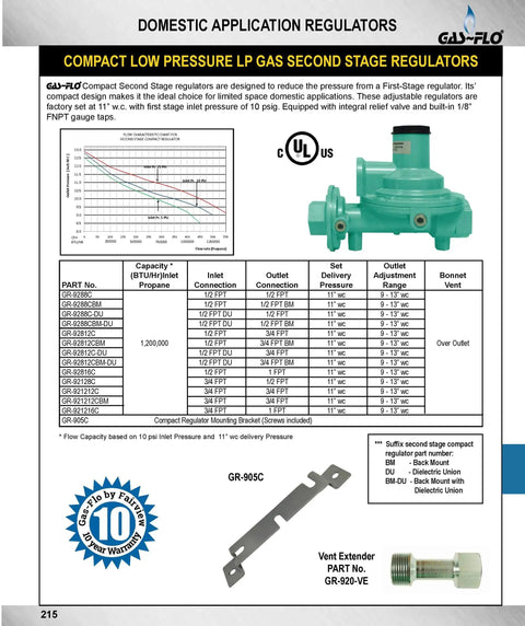 Compact Second Stage Low Pressure Propane Regulator With One Half Inch Inlet And Three Quarter Inch Outlet, Straight Through Design, 1,200,000 BTU Max Capacity, Adjustable Output From Nine To Thirteen Inches Water Column, Model GR-92812C Fairview product brochure page.