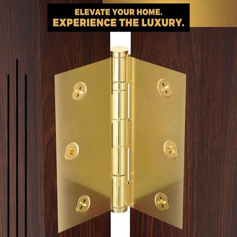 Solid Brass Ball Bearing Door Hinges, Heavy Duty Polished Gold Finish, 3.5 X 3.5 Inch, installed on wooden door