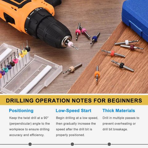 Assorted micro drill bits and shank set next to orange electric drill, labeled with drilling notes, for PCB and circuit board work.